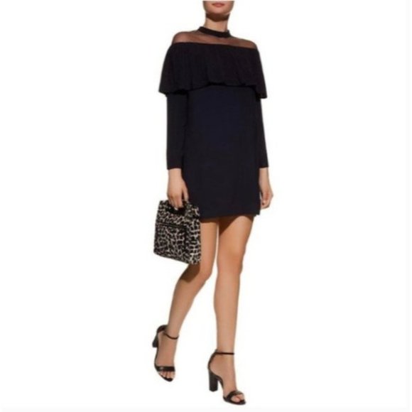 Maje Remia Pleated Illusion Neckline Long Sleeve Shift Dress Navy - Picture 2 of 6